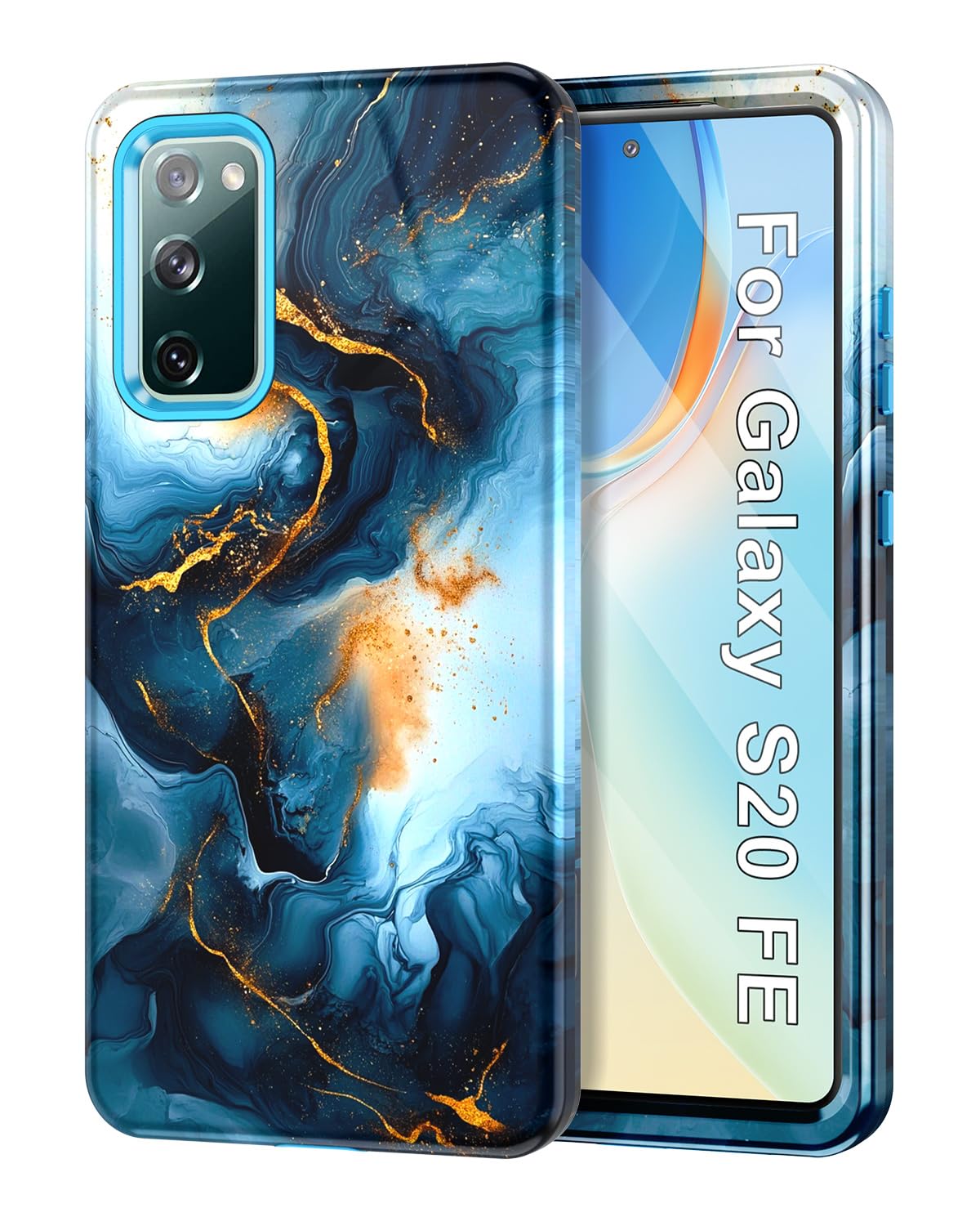 Btscase for Galaxy S20 FE 5G Case, Marble Pattern 3 in 1 Heavy Duty Shockproof Full Body Rugged Hard PC+Soft Silicone Drop Protective Women Girl Covers for Samsung Galaxy S20 FE, Navy Blue
