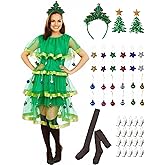 ZapLute Christmas Tree Costume Outfits Christmas Dresses for Women Adult Colored Balls Stars and Clips Xmas Party Set