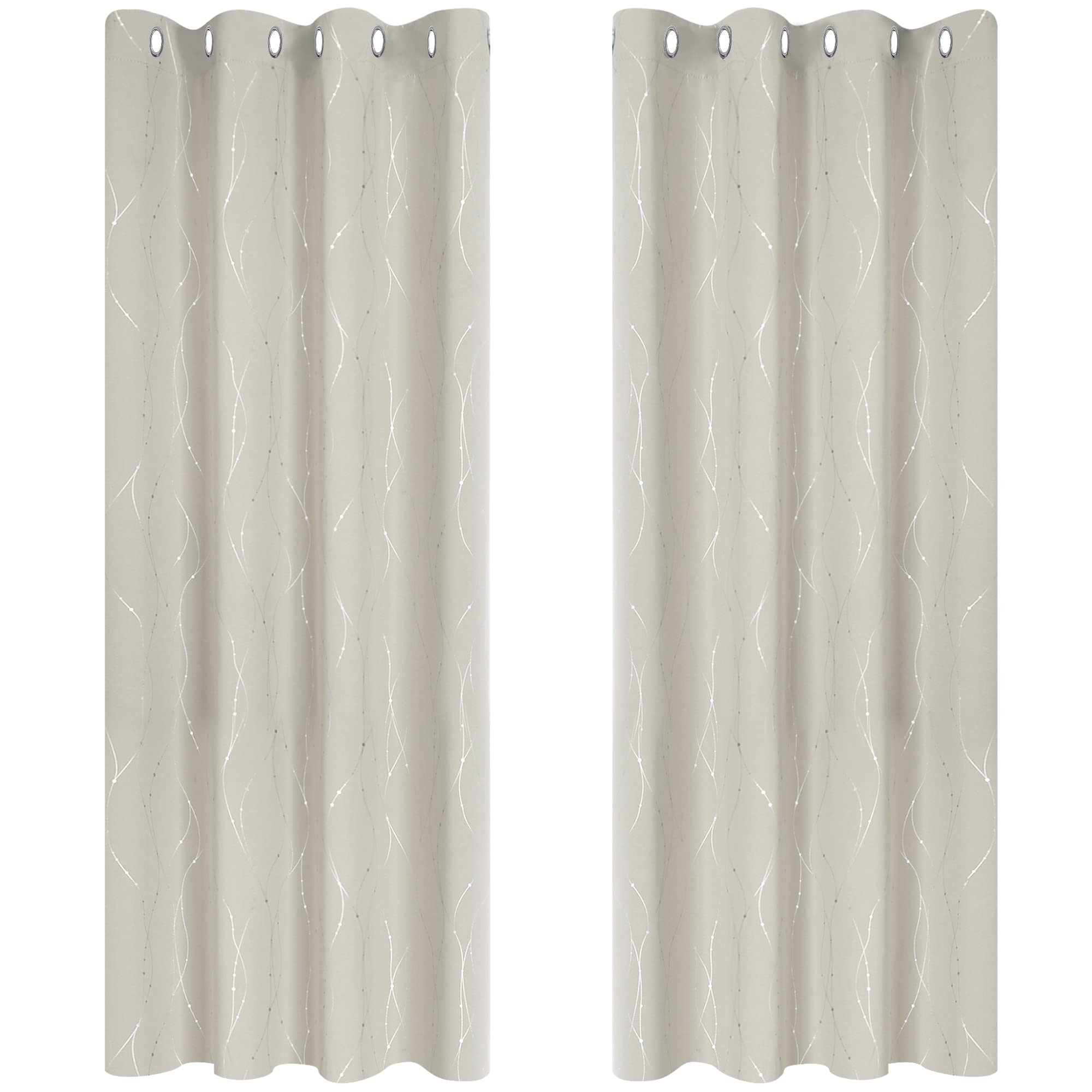 Deconovo Supr Soft Foil Dotted Line Printed Thermal Insulated Curtains Eyelet Curtains Blckout Curtains for Living Room Light Beige W55 xL69 One Pair