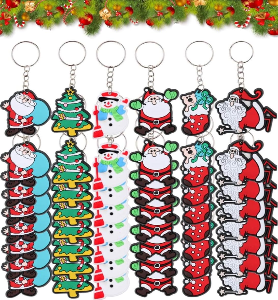 LATERN 120Pcs Christmas Keychains, 6 Styles Cartoon Christmas Keyrings Santa Claus Snowman Christma Tree Stocking Key Chains for Xmas Gifts Christma Party Favors Xmas Decoration