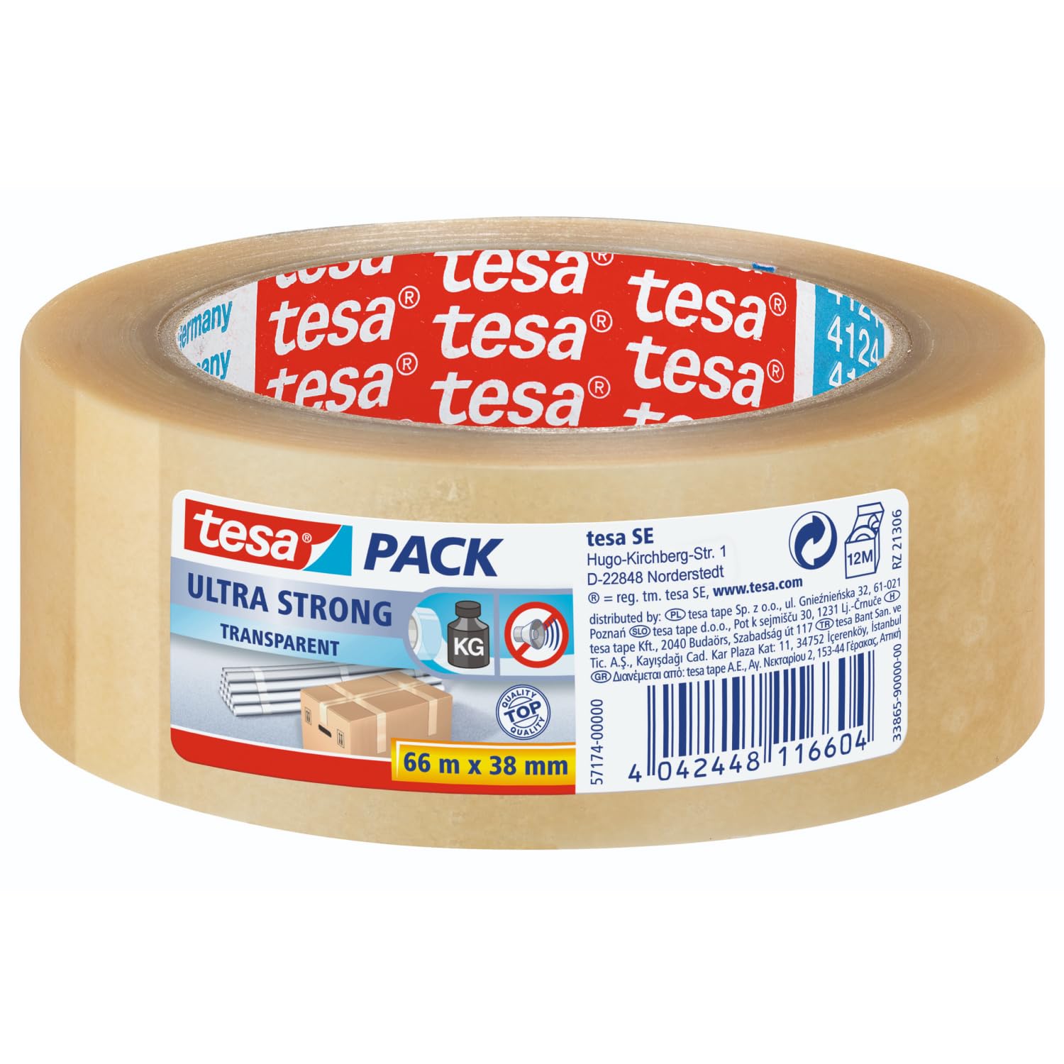 tesapack Ultra Strong - PVC Packing Tape for Solid Packaging and Secure Bundling - Transparent - 66 m x 38 mm