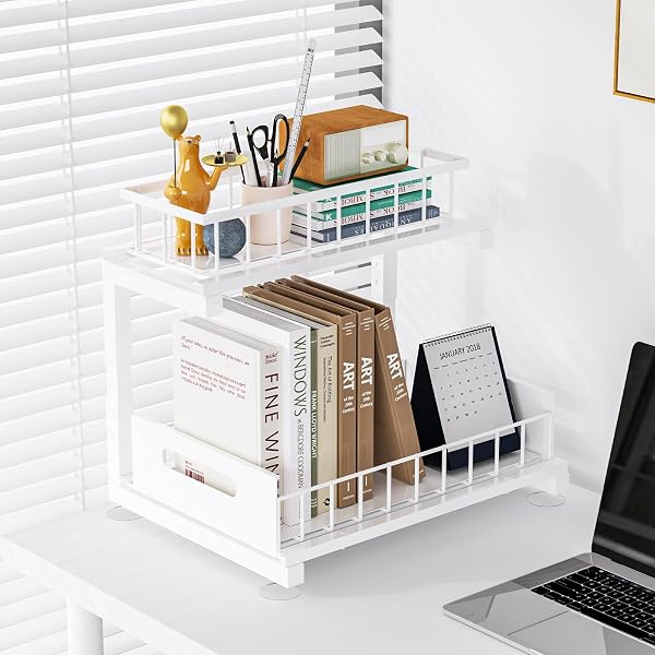 TOYEAR UNDER SINK ORGANIZER, HEAVY DUTY METAL PULL OUT CABINET ORGANIZER SLIDE OUT SINK SHELF ORGANIZER HEIGHT ADJUSTABLE, MULTI-PURPOSE STORAGE SHELF FOR KITCHEN BATHROOM(WHITE,2PACK)