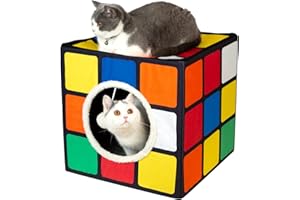 LUCKITTY Cat Condo House with Reversible Cushions and Fluffy Ball Hanging, Foldable Magic Cube, Large Cave Bed for Indoor Cats, Unique Puzzle Shape Lagre 16.5“ x 16.5" x 16.5”