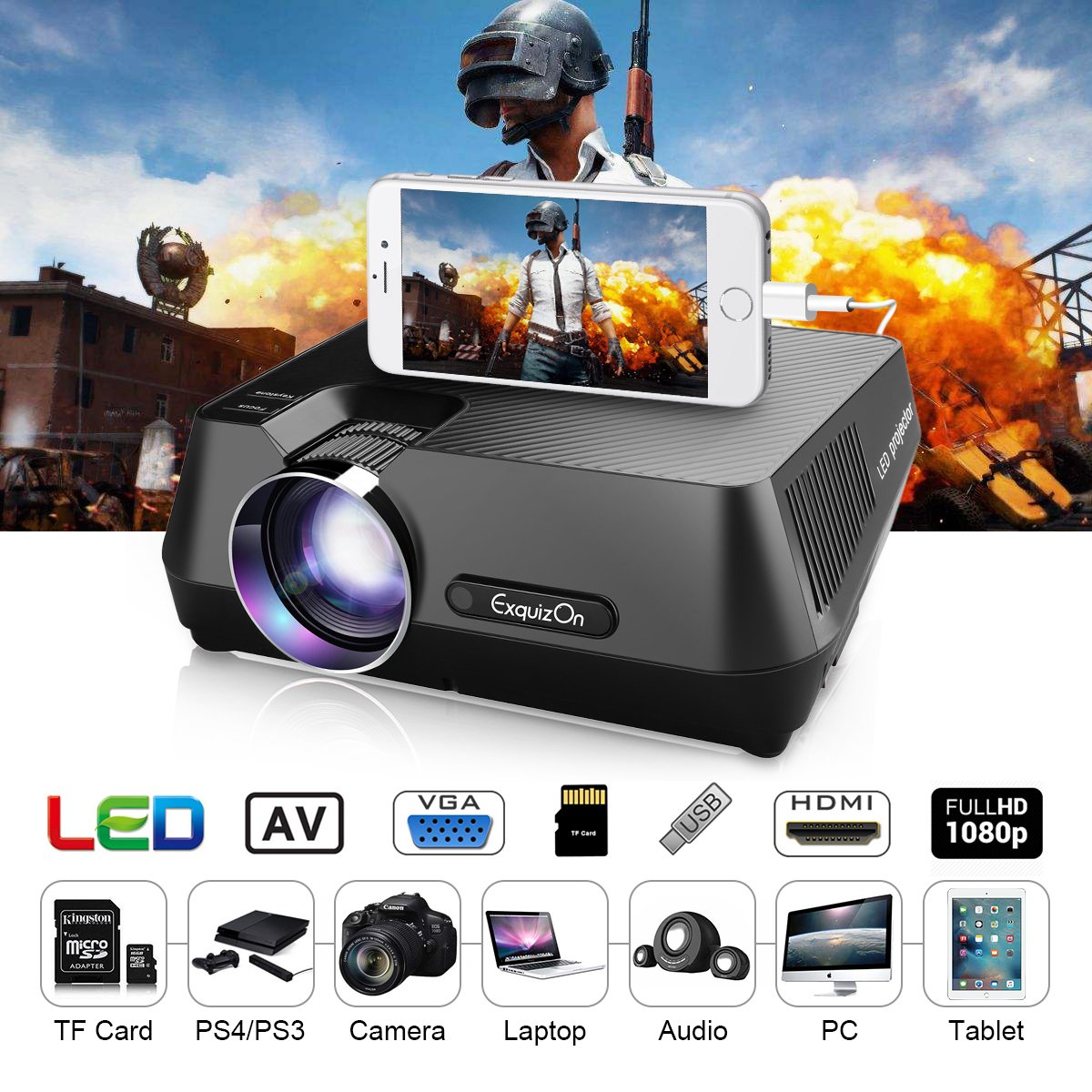 ExquizOn 2018 New Updated Mini Video Projector, 30% Lumens Brighter, New Smart Phone Mirror Function by Lighting or Micro USB Cable, 1800 Lumens Home Theater HDMI USB VGA AV TF (Gt-S9)