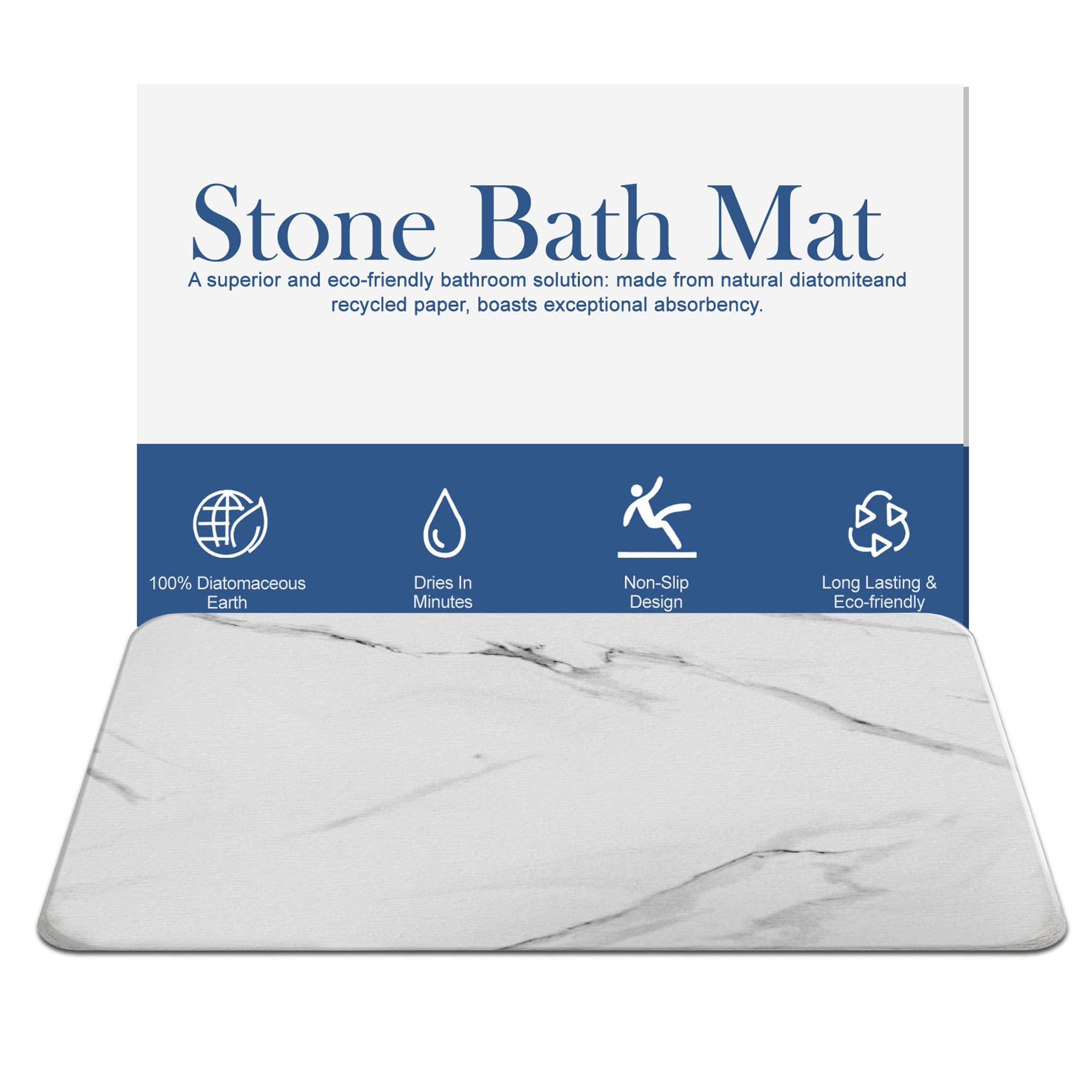 DAWNTREES Stone Bath Mat, Diatomaceous Earth Shower Mat, Ultra Absorbent, Fast Drying, Non-Slip Bathroom Floor Mat for Kitchen & Bath - 60x39 cm (White Marble)