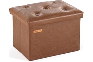 HAUSFRAU Storage Ottoman Foot Rest Stool, Small Folding Ottoman with Storage, Tufted Square Cube Footrest, Faux Leather Retro Brown