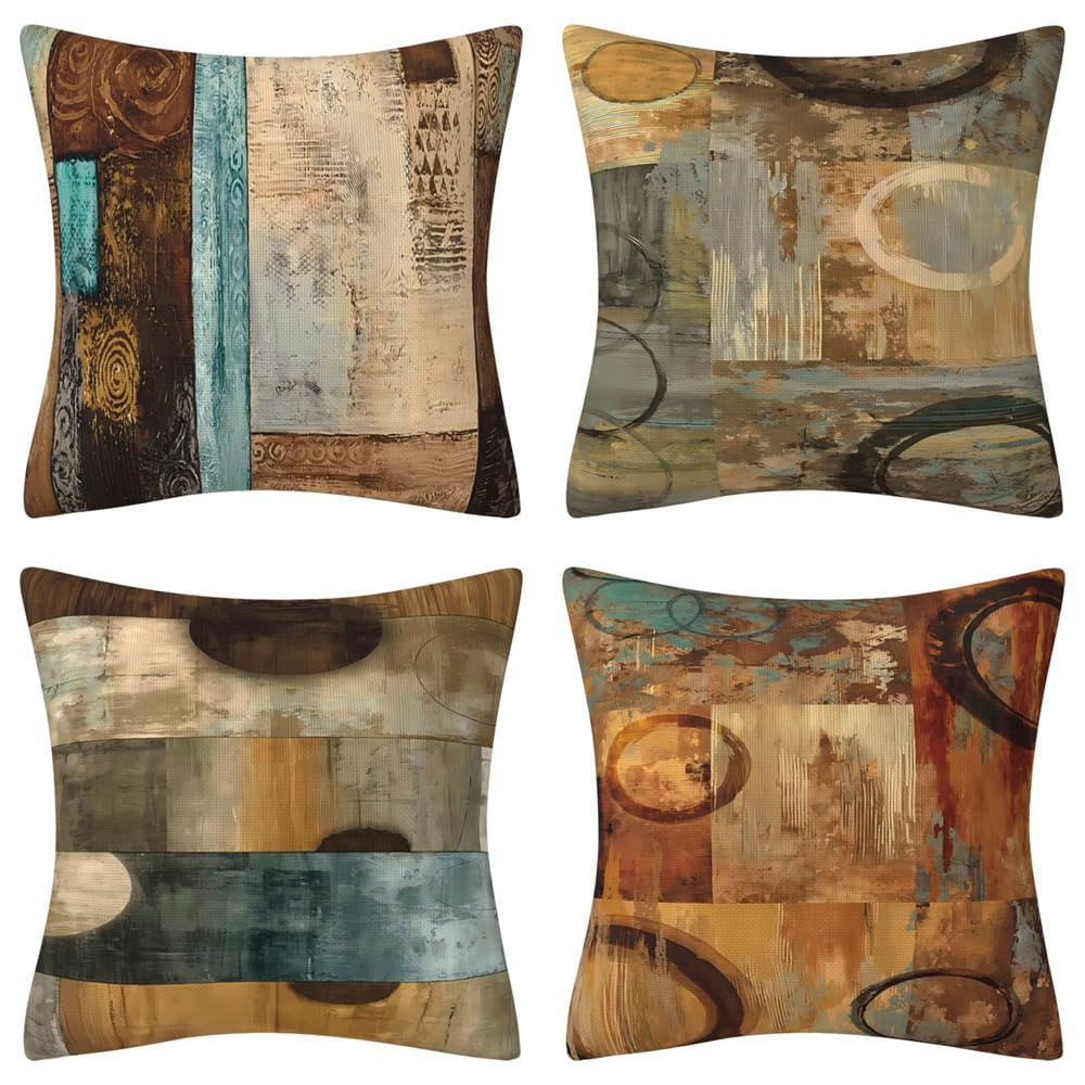 Throw Pillow Cases 4 Pack 45 x 45cm Teal Blue Brown Cushion Covers 18 x 18 inches Soft Polyester Decorative Throw Pillow Covers for Bed Sofa Couch Living Room Bedroom Outdoor Home Office Car Decor — image 1