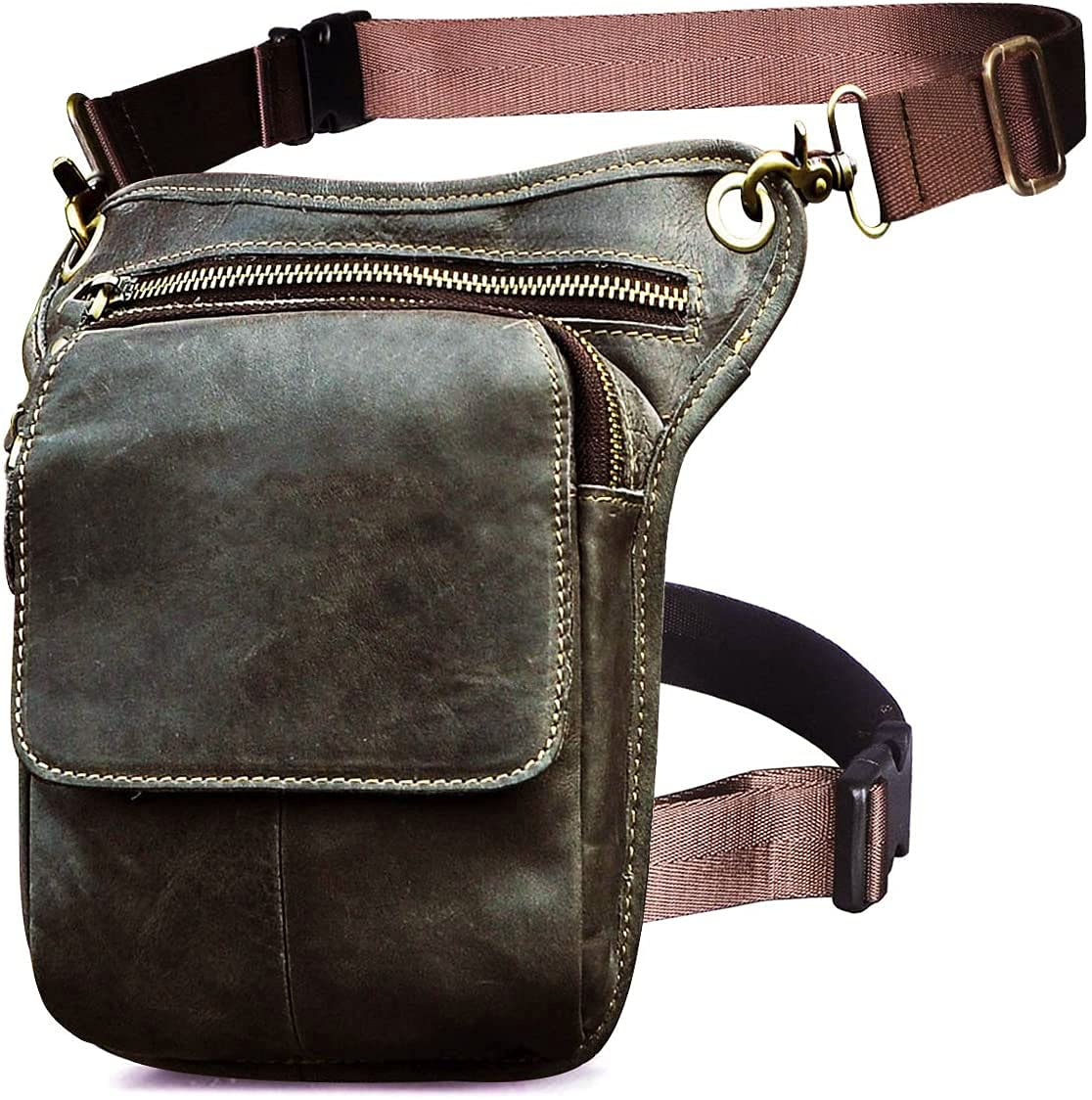 Le'aokuu Mens Genuine Leather Messenger Motorcycle Outdoor Hip Bum Belt Waist Pack Drop Leg Thigh Bag 211-1 (211-1 A2 Grey)