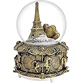 LED Music Snow Globe Vintage Eiffel Tower Buildings Embedded Carousel Retro Home Decoration for Book Shelf Cabinet Floating Board Office Desk Table Top Decor Centerpieces Ornament (Gold)
