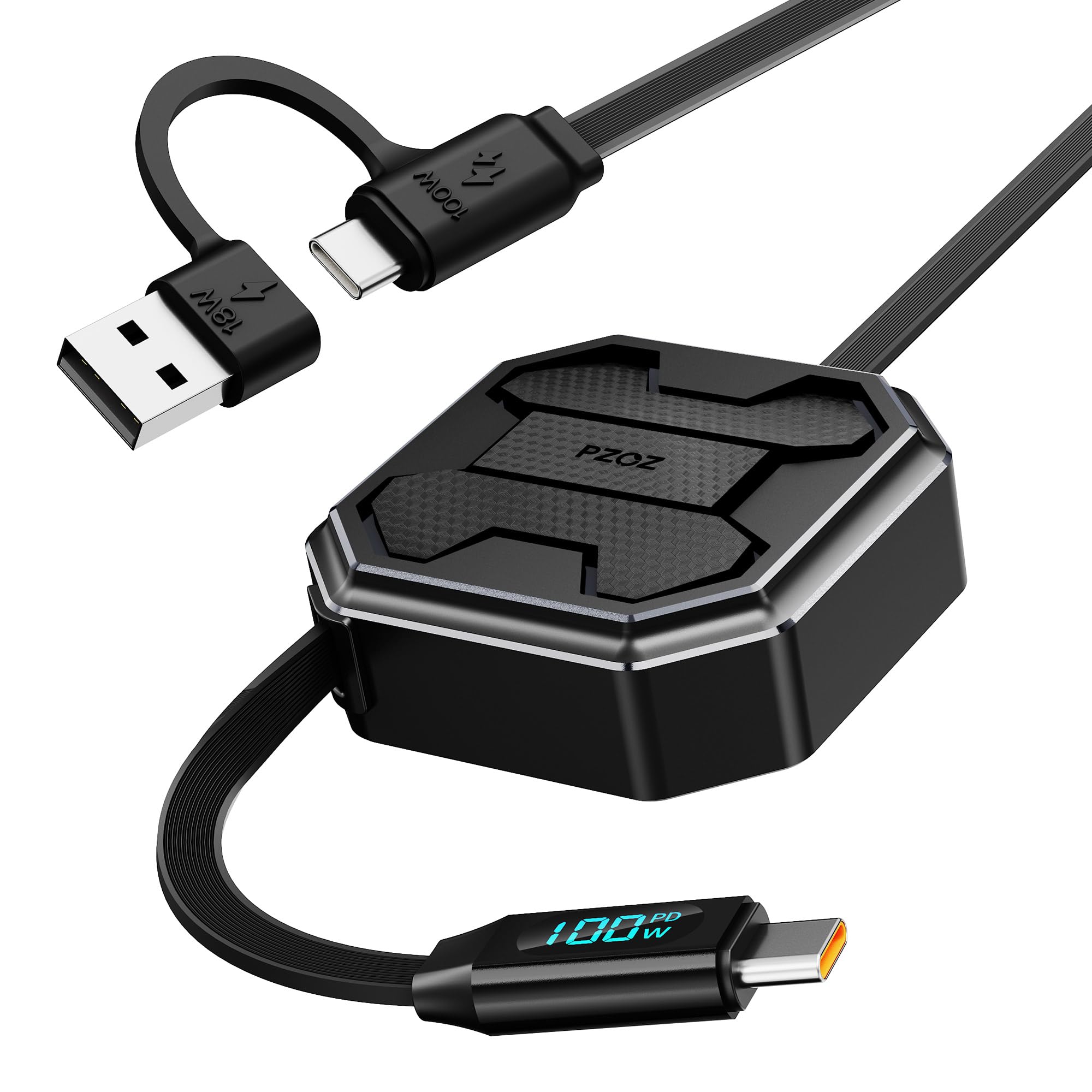 Photo 1 of PZOZ 100W Retractable 2-in-1 Charging Cable with LED Display, Multi USB C & USB A to USB C for iPhone 16 15 iPad Mac Samsung for Car CarPlay Desktop Management Organizer