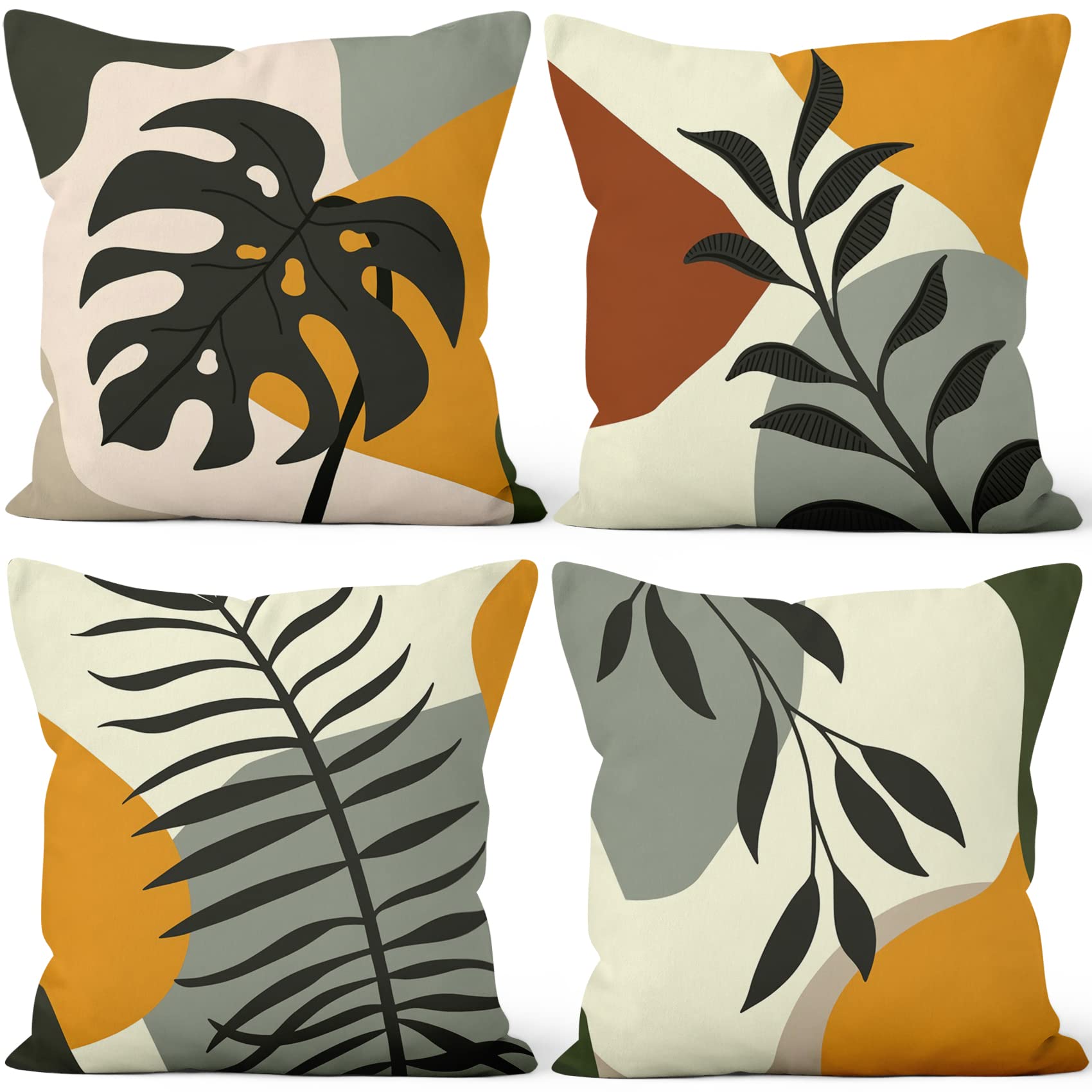Aoihrraan Cushion Covers Set of 4, Minimalist Leaf Throw Pillow Covers Yellow Black Geometry Leaves Soft Short Plush Square Pillowcase for Sofa Couch Bedroom Car Chair Home Decor 22"x22"