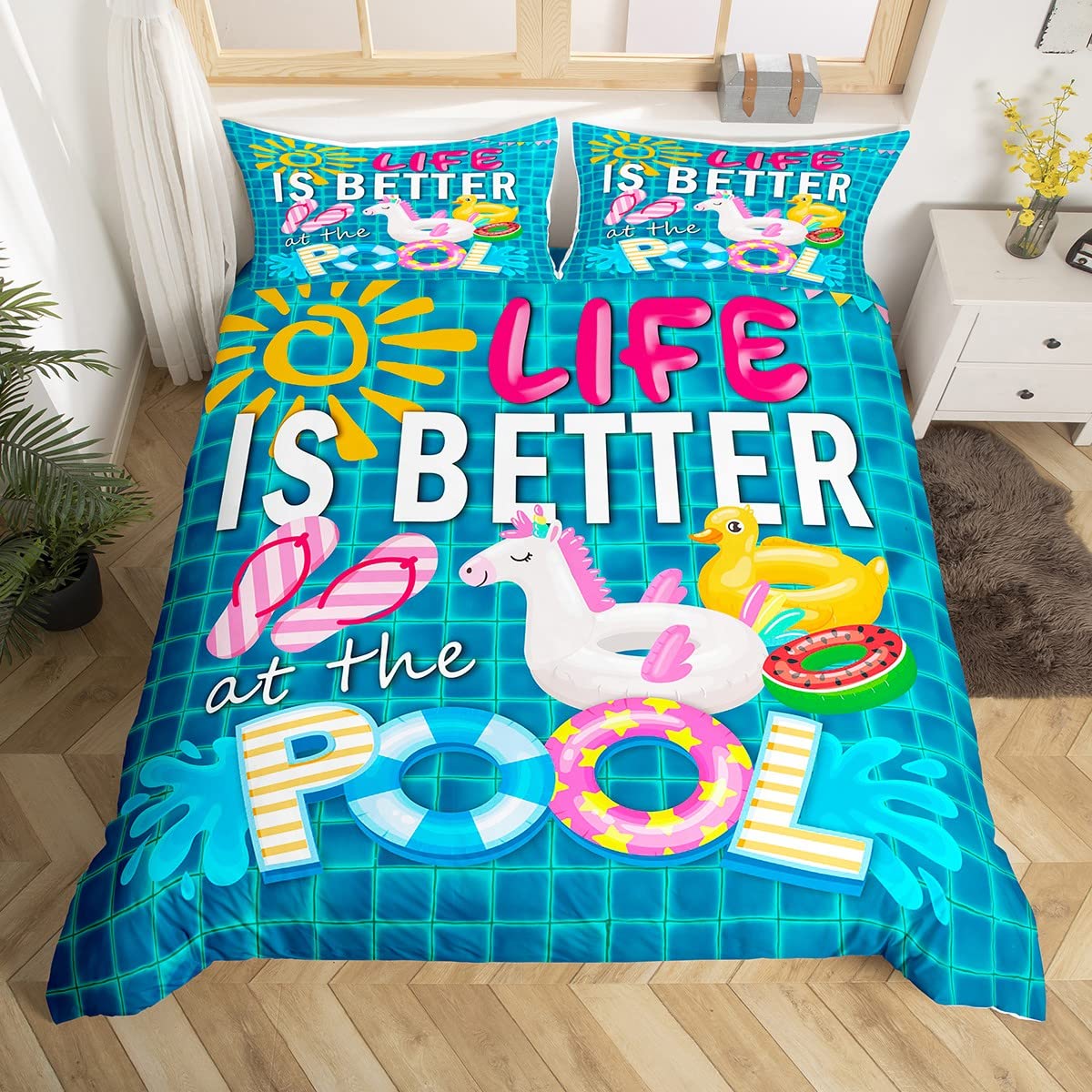 feelingyou Summer Cool Bedding Set,Swimming Pool Comforter Cover Set for Teens Women Room Decor,Beach Vacation Duvet Cover Breathable Flip-flops Bedspread Cover Double Size — image 1