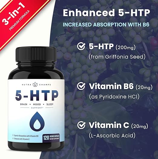 Suplemento 5 Htp 200 Mg 120 Capsulas Soporte Natural Para Cerebro Estado De Animo Y Sueno Calma Y Relajante Serotonina Boost 100 Mg Pastillas Mejoradas Con Vitamina B6 Y