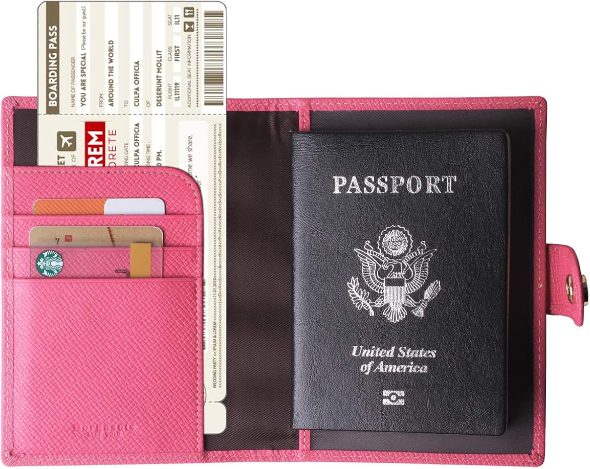Passport Holder Cover Wallet RFID Blocking Leather Card Case Travel Document Organizer Pink: Clothing
