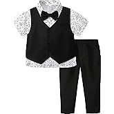 A&J DESIGN 4pcs Baby & Toddler Boy Suit Print Shirt Set for 12 Months - 5T, Shirt & Pants & Vest & Bow Tie