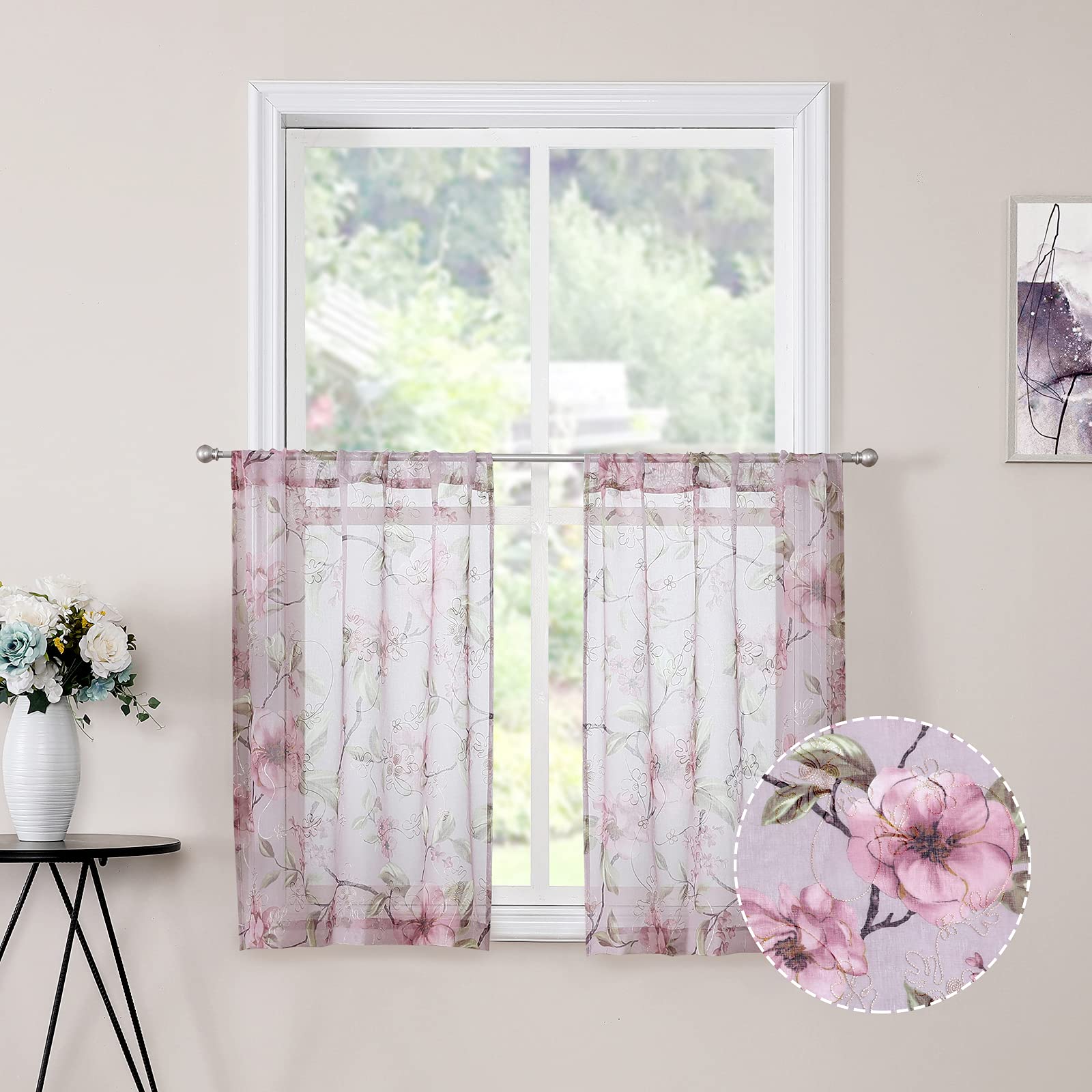 Tollpiz Sheer Tier Curtains Pink Flower Leaf Printed Floral Embroidered Half Window Curtain Sheers Rod Pocket Kitchen Voile Faux Linen Curtains for Bathroom, 30 x 36 inches Long, Set of 2 Panels