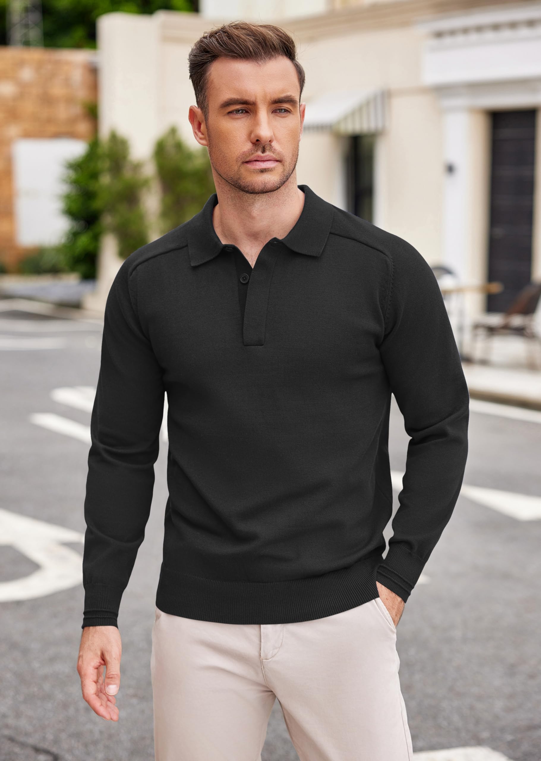 COOFANDY Strickpullover Herren Polo Pullover Langarm Polo Shirt Pulli mit Polokragen Versteckte Knopfleiste Schwarz XL 2