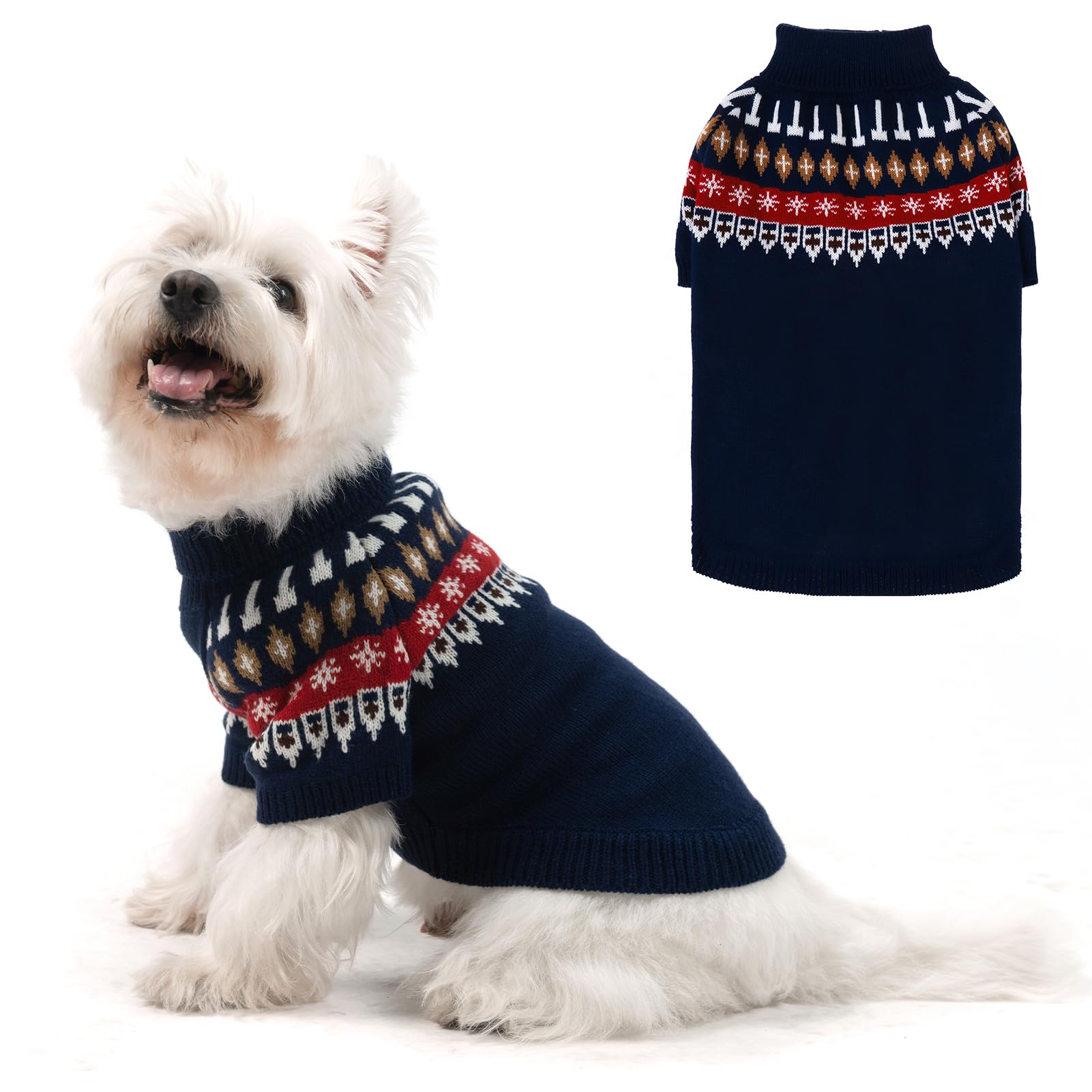 EXPAWLORER Turtleneck Dog Jumper - Knitted Dog Clothes in Classic Fair Isle Patterns, Warm Comfortable Puppy Jumper Pet Sweater with Sleeves, Winter Pet Outfit Pullover for Dogs Cats, Blue Small