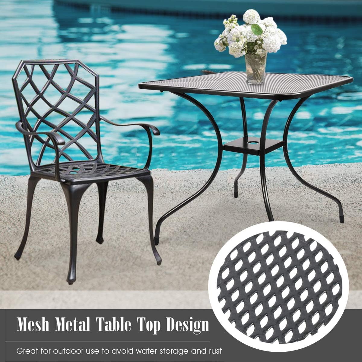 Kerrogee 27.5" Patio Bistro Dining Table, Outdoor Cast Iron Aesthetic Square Table, Backyard Balcony Furniture Garden Table with 2'' Umbrella Hole, Black : Garden & Outdoor