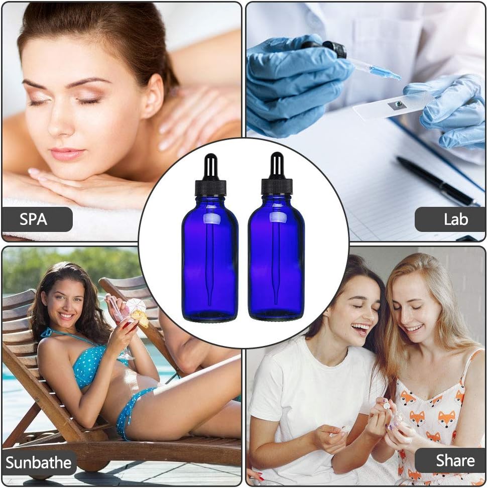 4 oz Glass Bottles with Glass Droppers & Plastic Cap,Brush, Funnels and Labels, Blue Travel Bottles for Essential Oils, Liquids and Chemical Lab. Set of 6 Pack.: Beauty