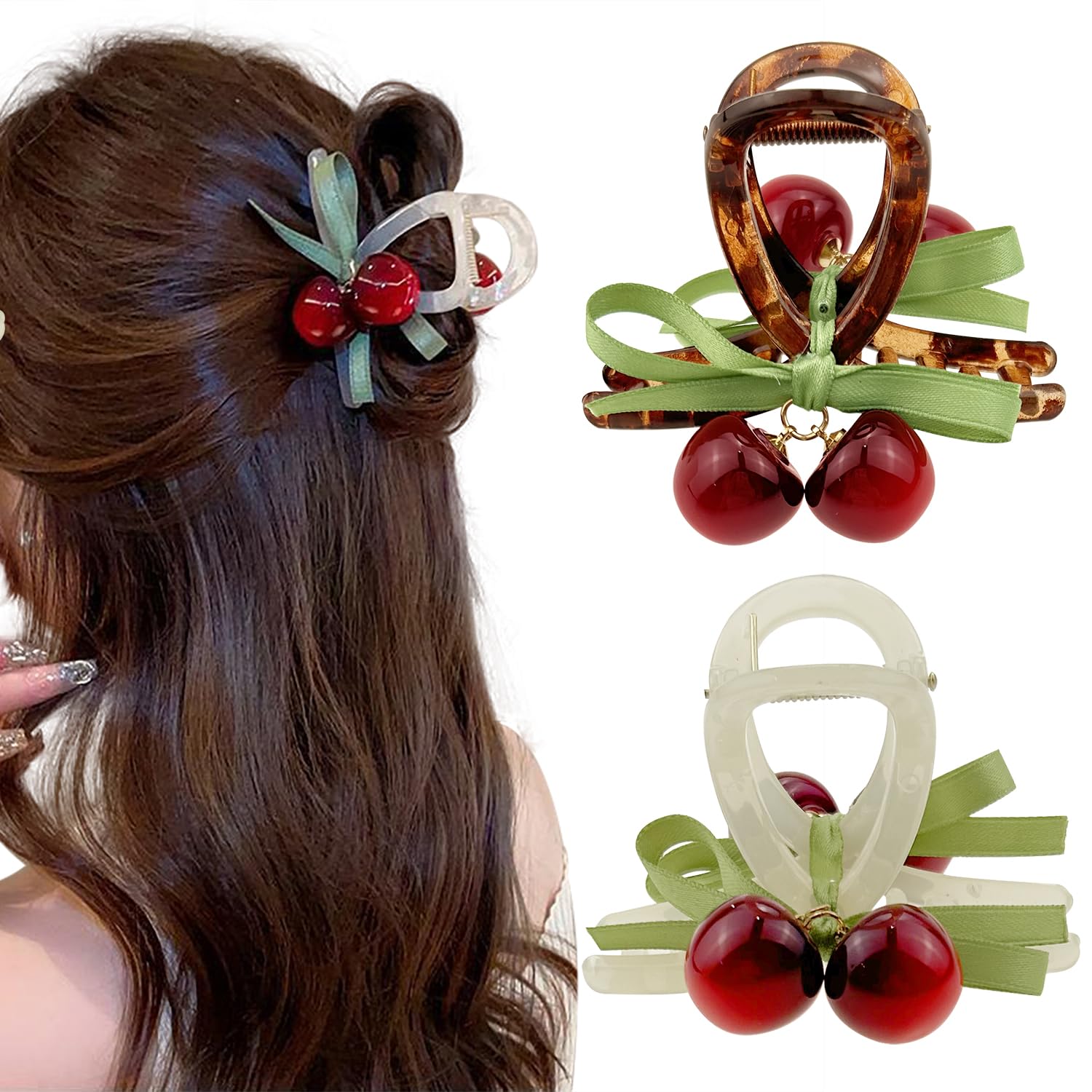 2 PCS Red Cherry Hair Claw, Cute Fruit Jaw for Thick Thin Hair, Acrylic Non-slip Clips, Accessories Gifts for Women Girls