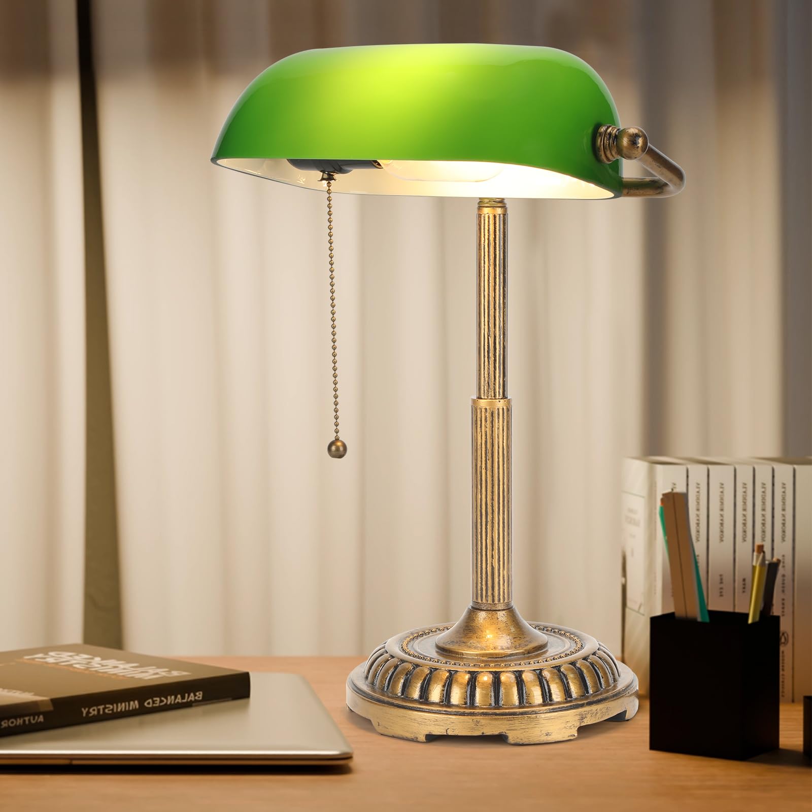 Photo 1 of NISSAFORS Bankers Lamp, Green Desk Lamp with Pull Switch, Vintage Table Lamps for Home Office, Library, Piano (Green)