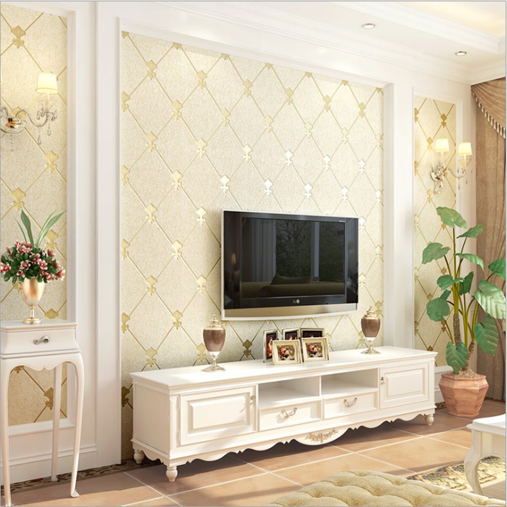 KeTian Modern Simple 3D Imitation Deerskin Non-Woven Wallpaper for Living Room Bedroom TV Background Diamond Lattice Pattern Wall Paper Roll Beige Color 0.53m (1.73' W) x 10m(32.8'L)=5.3m2 (57 sq.ft)