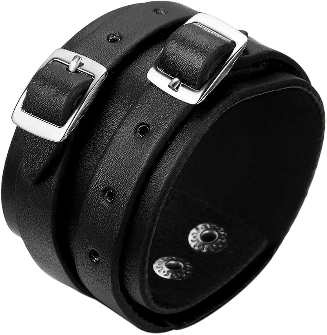 JewelryWe Wide Strap Leather Cuff Wrap Gothic Wristband Bracelet - Black(with Gift Bag), 24 cm