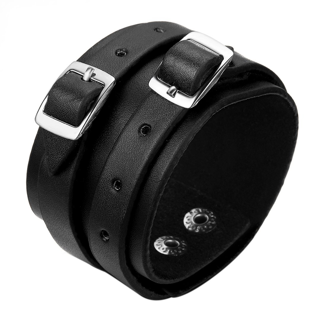 JewelryWe Wide Strap Leather Cuff Wrap Gothic Wristband Bracelet - Black(with Gift Bag)