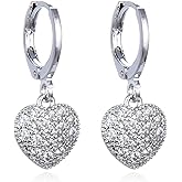 DIAMANTIO Sterling Silver Heart Hoop Earrings – Dainty Pave Crystal Drop Earrings for Women – Elegant Sparkling Cubic Zirconia Jewelry for Special Occasions