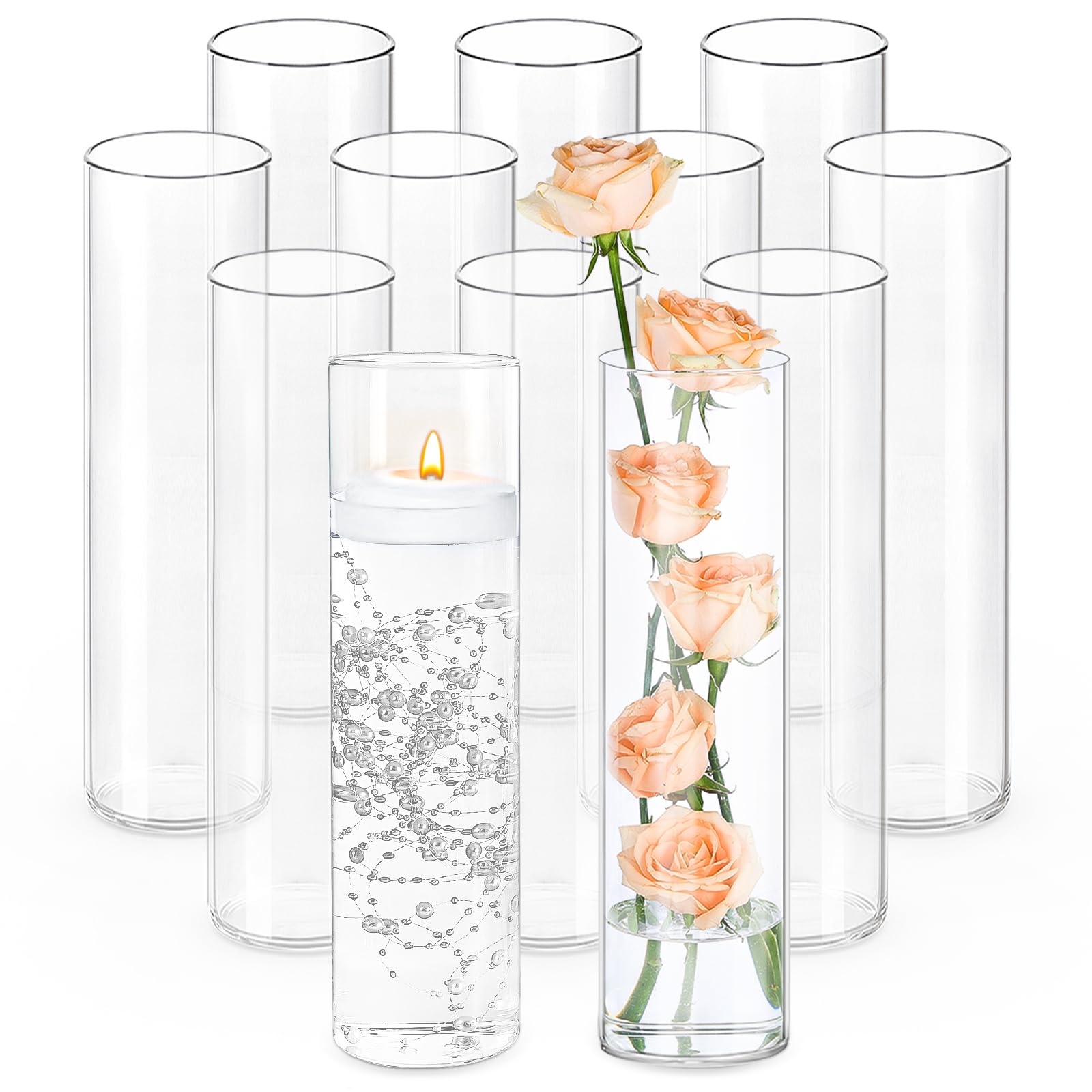 Photo 1 of TBWIND 12Pcs Glass Cylinder Vases 12 Inch Tall Clear Flower Vases for Centerpieces Wedding Decoration, Hurricane Floating Candle Holder for Party Table Home Decor