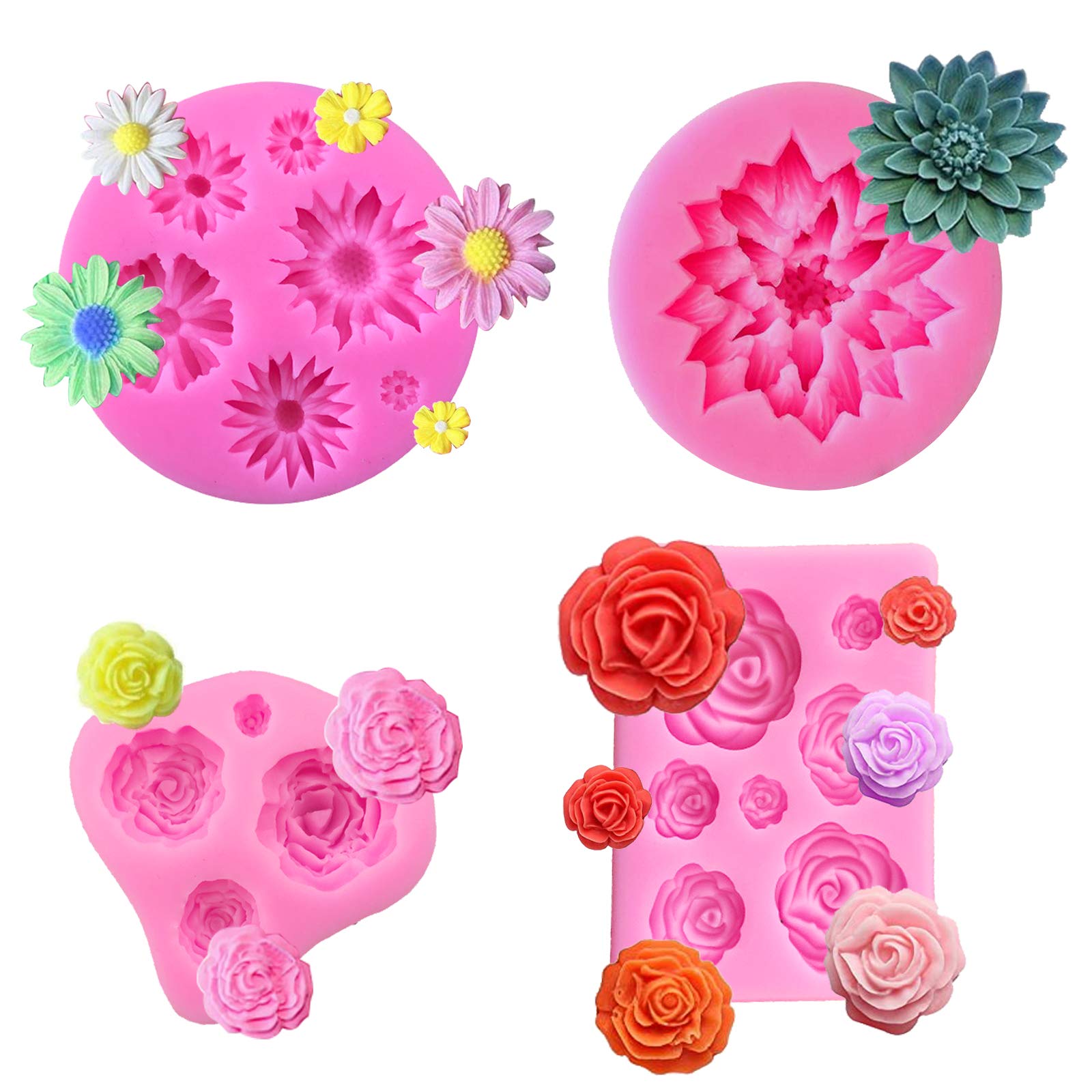 BHAHAI 4PCS Flower Moulds, Silicon Flower Mold Daisy Mould Chocolate Rose Moulds Flower Fondant Cake Molds Fondant Flower Mould Rose Flower Silicone Mould for Jelly Candy Sugar