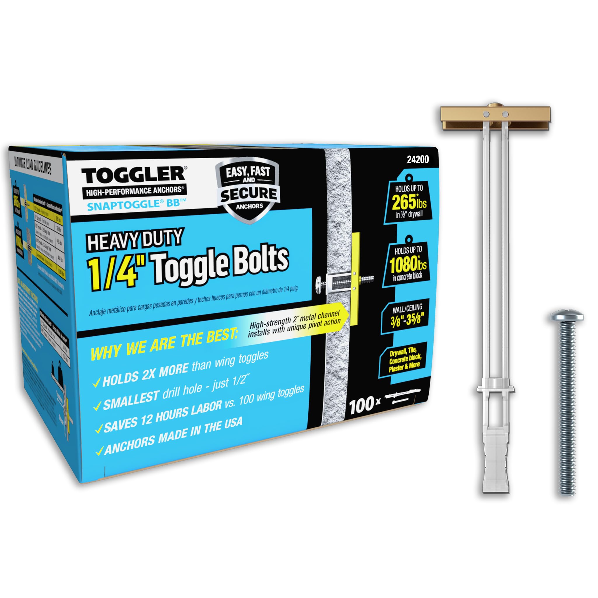 Photo 1 of TOGGLER SNAPTOGGLE Drywall Anchor 100-Pack 1/4-in Dia Toggle Bolt ; Holds 265 pounds Each in 1/2-in Drywall by TOGGLER(2.5 inch Bolts Included)