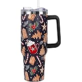 Christmas Tumbler with Handle and Straw Lid 40 oz,Cute Christmas Gifts for Women Gingerbread House Vacuum Insulated Leak Proof Tumbler,Winter Holiday Accessories Stainless Steel Coffee Cup Mug