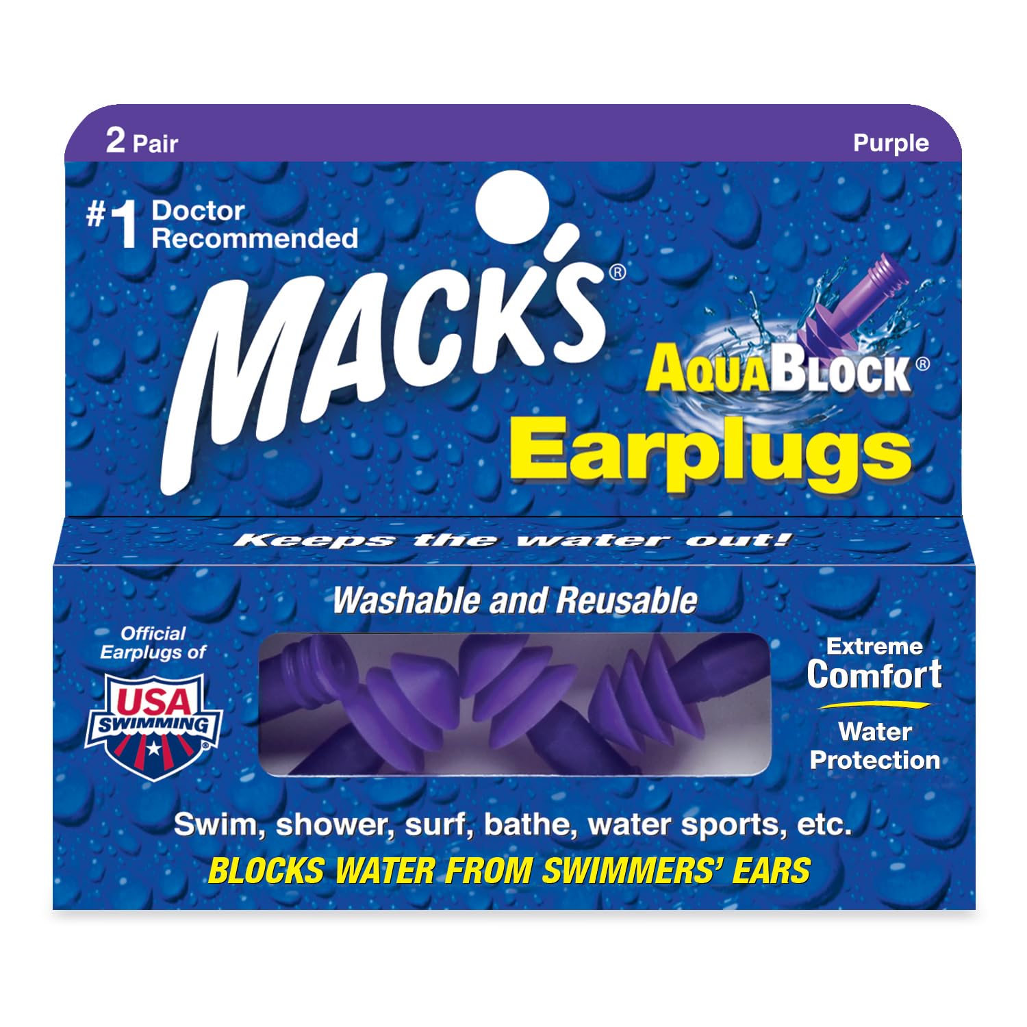 Mack's Unisex's AquaBlock Ear Plugs (2 Pair), Purple