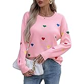 Allifewithu Women's Embroidered Sweater Long Sleeve Crew Neck Colorful Cute Heart Pullover Sweaters
