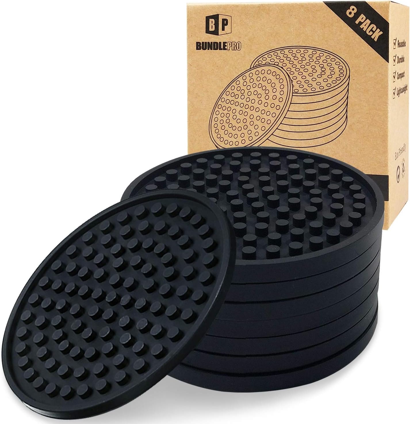 Pack of 8 Silicone Coasters, Round Cup Mats for Hot or Cold Drinks and Beverages, Prevents Spills and Marks on Tables, Desks, Counter Tops and Other Furniture