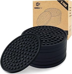 Pack of 8 Silicone Coasters, Round Cup Mats for Hot or Cold Drinks and Beverages, Prevents Spills and Marks on Tables, Desks, Counter Tops and Other Furniture