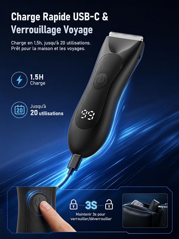 Tondeuse Corps Homme, Tondeuse Homme Partie Intime: Rasoir Homme Electrique Rechargeable,Lame en Céramique Anti Coupure, pour Partie Intime/Testicules/Pubis/Poils Pubiens, Utilisation Humide/Sèche — photo 4 sur 8