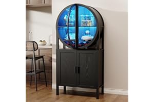BROTTAR Rounded Bar Cabinet with LED Lights, 65" Tall Wine Display Cabinet with Glass Doors & Shelves, Curio Cabinets, Kitchen Pantry for Dining Room, Kitchen, Living Room,Black