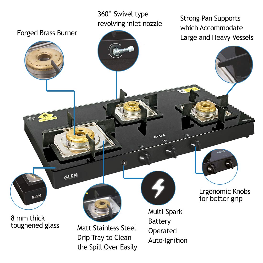 Glen 1038 SQ BL 3 Burner Glass Cooktop
