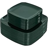 PULOTE 100PCS Green Plastic Plates - Green Square Disposable With Gold Rim - Include 50 Dinner 10inch, 50 Dessert 7.25inch Plates for Party&Christmas