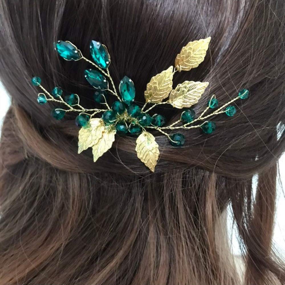 Chargances Crystal Beads Hair Comb for Women and Girls Wedding Bridal Leaf Hair Piece Prom or Special Occasion Jewelry (Green)