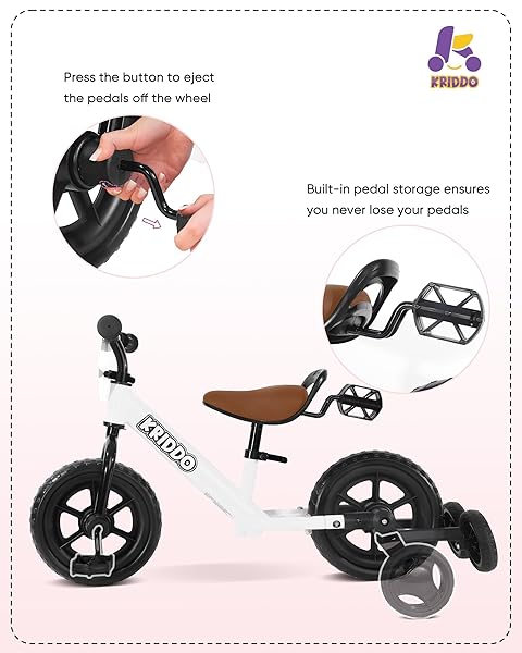 KRIDDO 2-IN-1 KIDS TRICYCLE AND TODDLER BALANCE BIKE 2 YEAR OLD, DETACHABLE PEDALS AND STOWABLE TRAINING WHEELS, DIY PLATE, RIDING TRIKES TOY FOR AGES 18 MONTHS TO 3 YEARS, WHITE