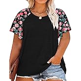 HDLTE Womens Plus Size Tops Floral Bell Sleeves Blouses Summer Crewneck Tunic Loose Casual T Shirts