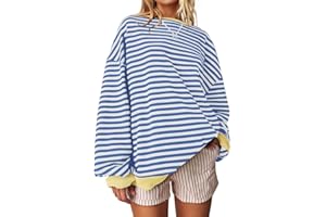 UEU Women Oversized Striped Crewneck Sweatshirt Long Sleeve Color Block Pullover Tops Casual Loose Workout Shirt