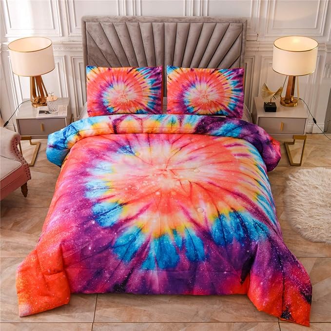 Tie Dye Printed Comforter Set Queen Multi Trippy Bedding Hippie Quilt