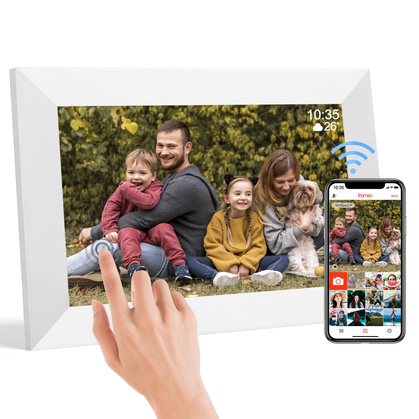 10.1 Inch WiFi Digital Picture Frame, 1280x800 IPS Touch Screen HD Display Smart Digital Frame Built in 32GB Memory, Auto-Rotate, Share Photos and Videos via Frameo app（White）