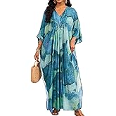 Bsubseach Plus Size Kaftan Dresses for Women V Neck Swimsuit Coverup Floral Print Caftan Maxi Beach Dress
