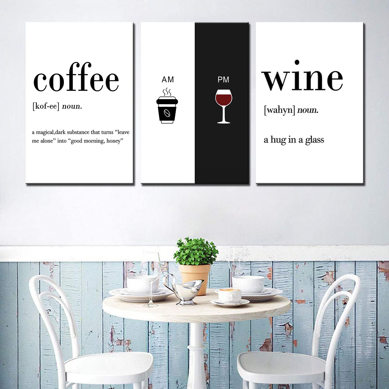 Tucocoo Black and White Paintings Wine Coffee Quote Wall Art Fashion Minimalist Pictures 3 Pieces Canvas Contemporary Artwork Home Decor for Kitchen Dining Room Giclee Framed Ready to Hang 48x24inch